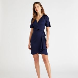 Quince Washable Silk Wrap Tie Dress Navy XS